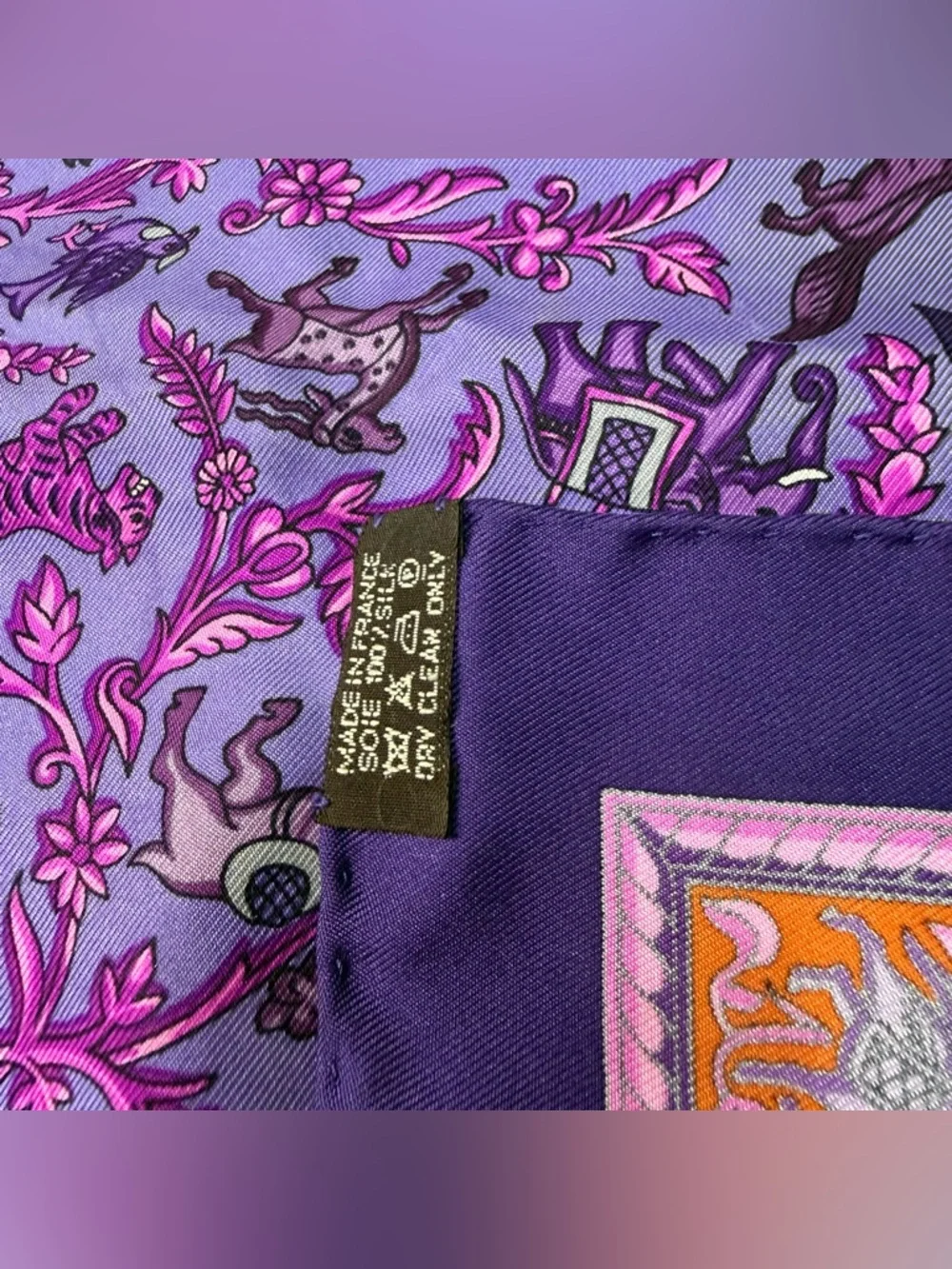 Hermes Silk Scarf Chasse En Inde Purple Orange India Hunter Tiger Elephant Horse - Picture 8 of 12